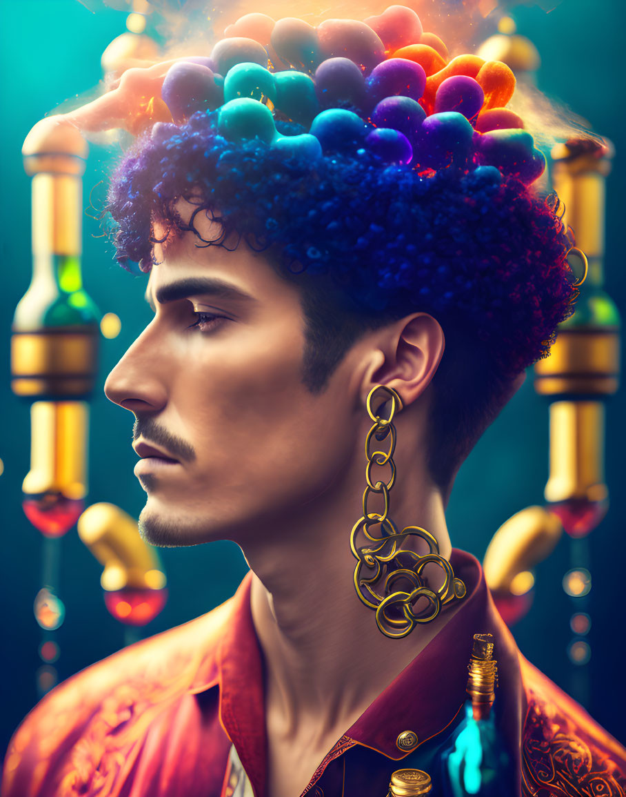 Man with Vibrant Cloud-Like Hair and Whimsical Light Bulbs