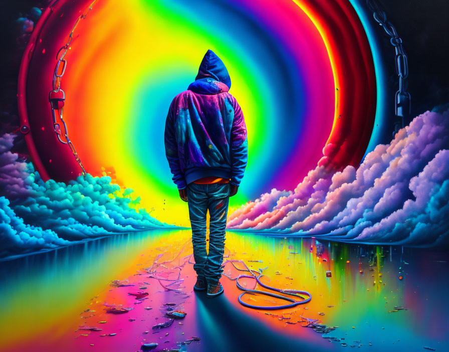 Person in Hoodie Contemplates Circular Rainbow with Chains on Wet Surface