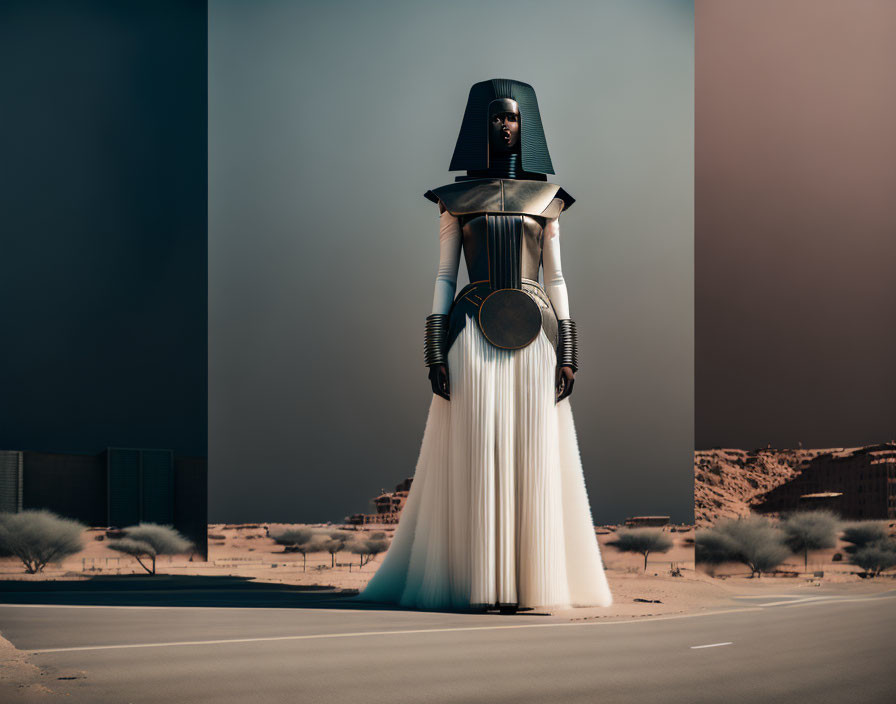 Surreal futuristic figure in white and black outfit on desert road under divided sky