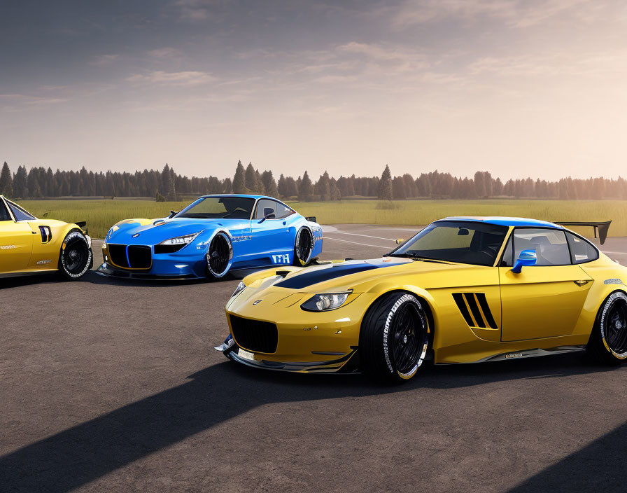 Three Sports Cars: Yellow and Blue on Asphalt Track