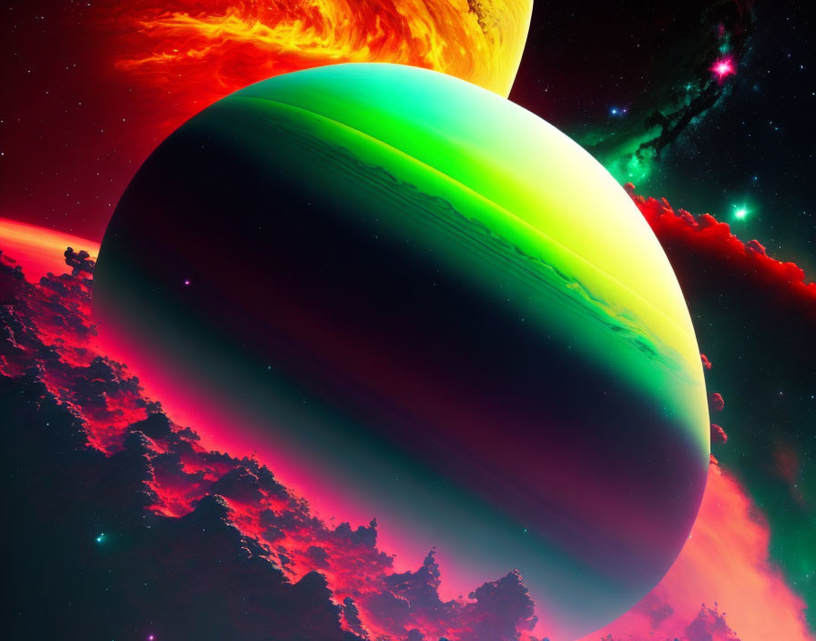 Colorful space scene: green planet, fiery sun, red nebulas