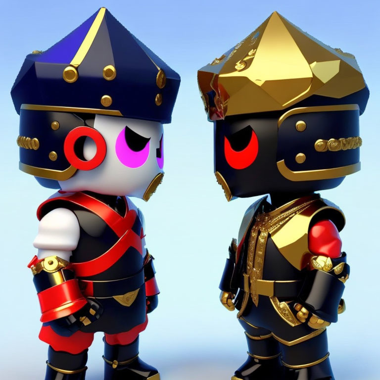 Stylized animated toy soldiers in black and red and gold and black on blue background