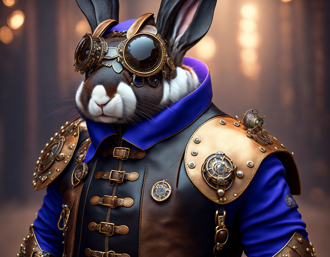 Steampunk-themed anthropomorphic rabbit in blue coat and goggles