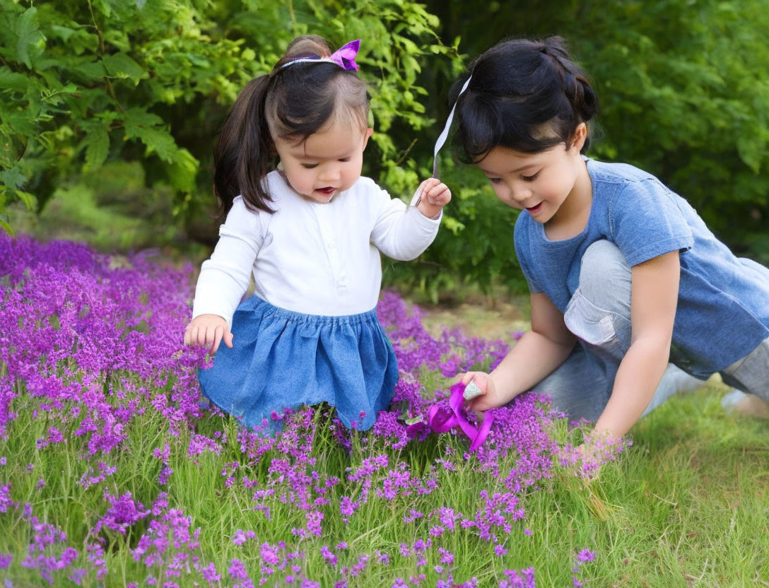 Two young girls in a garden with purple flowers, one crouching and pointing, the other standing