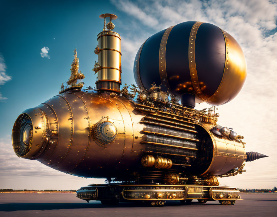 Steampunk-inspired airship with brass details at sunset