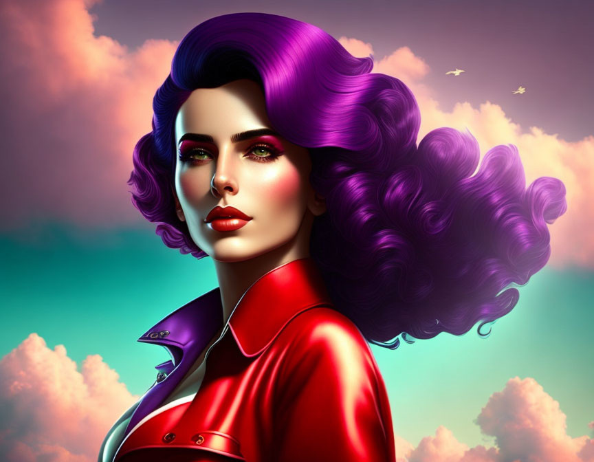 Digital portrait: Woman with purple hair, green eyes, red jacket, sky with clouds and birds