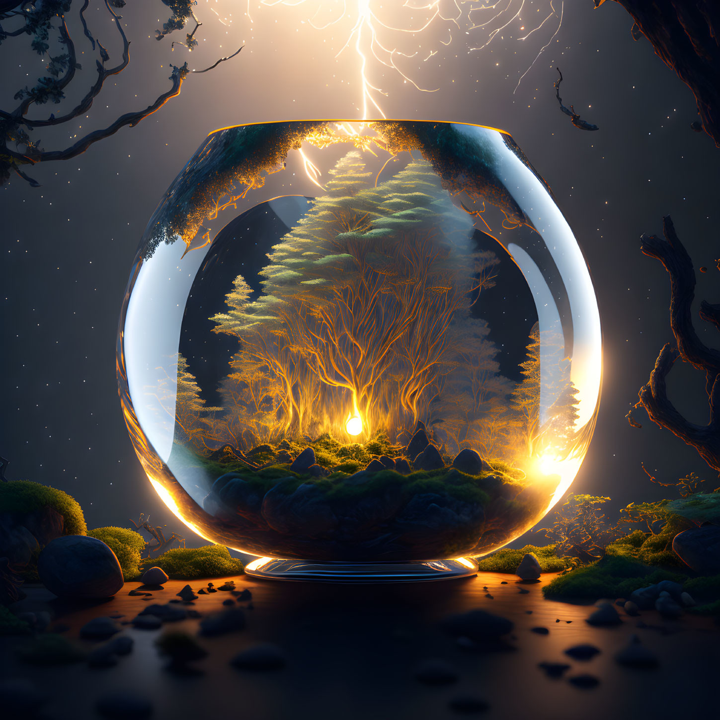 Lush illuminated forest in glass terrarium under stormy sky