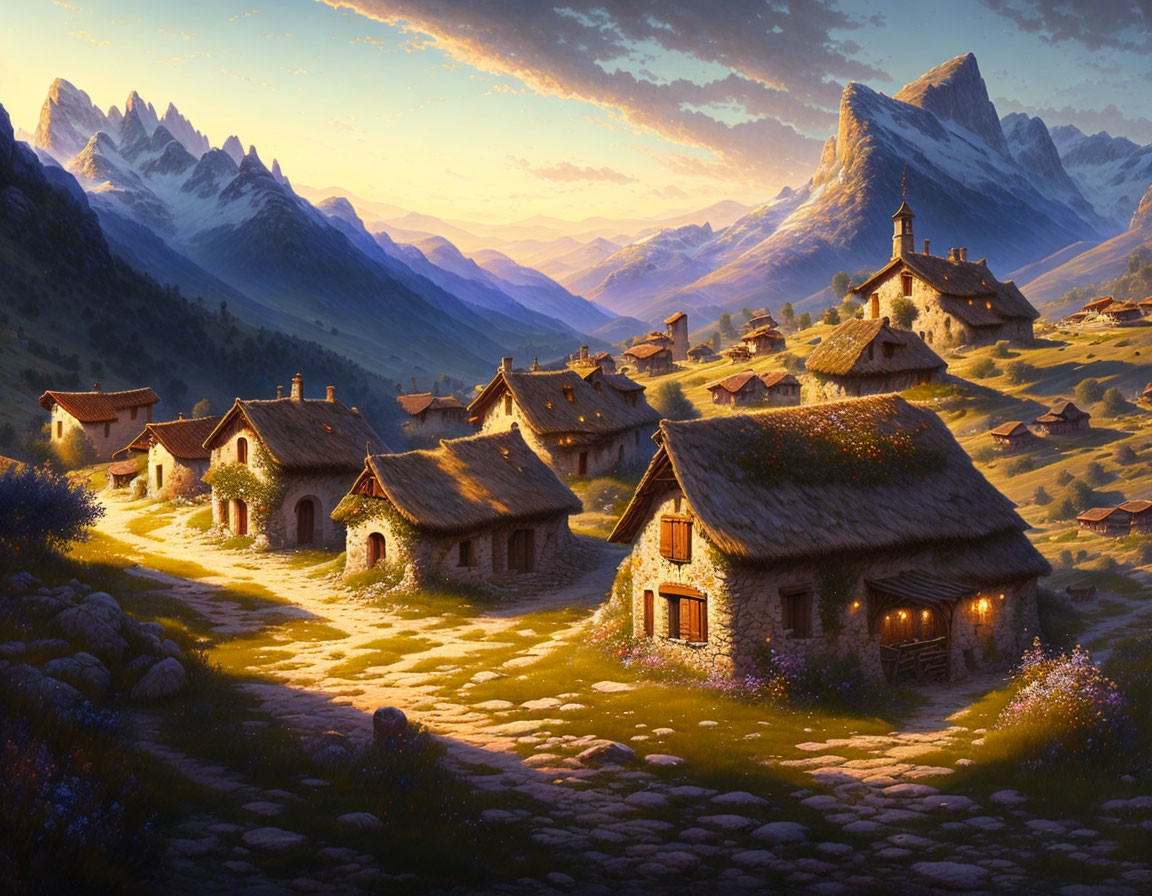 Scenic village with thatched-roof cottages in mountain valley