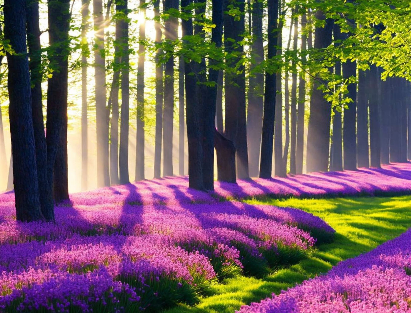 Forest sunlight illuminates vibrant purple flower carpet