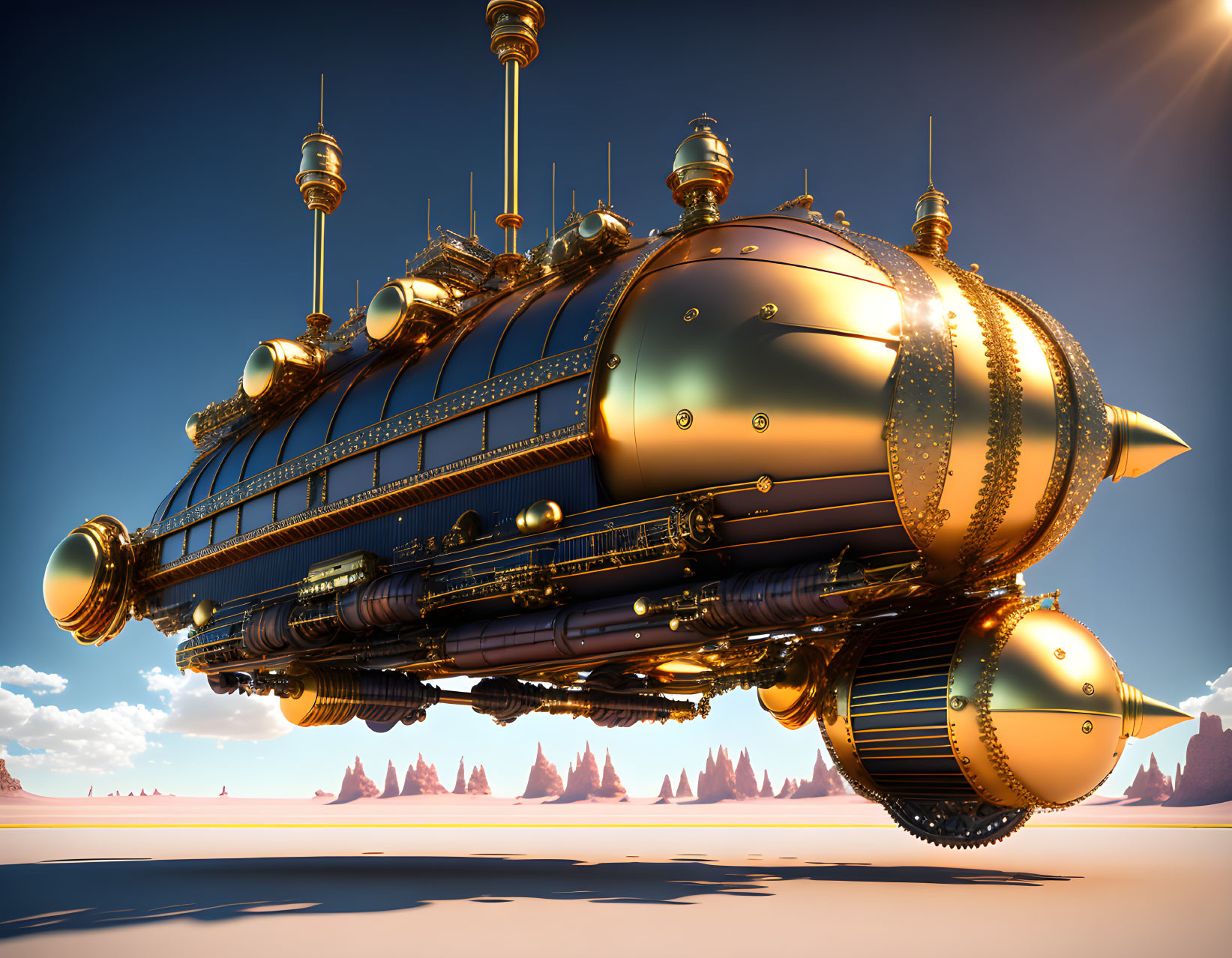 Steampunk-style airship over desert landscape in clear blue sky