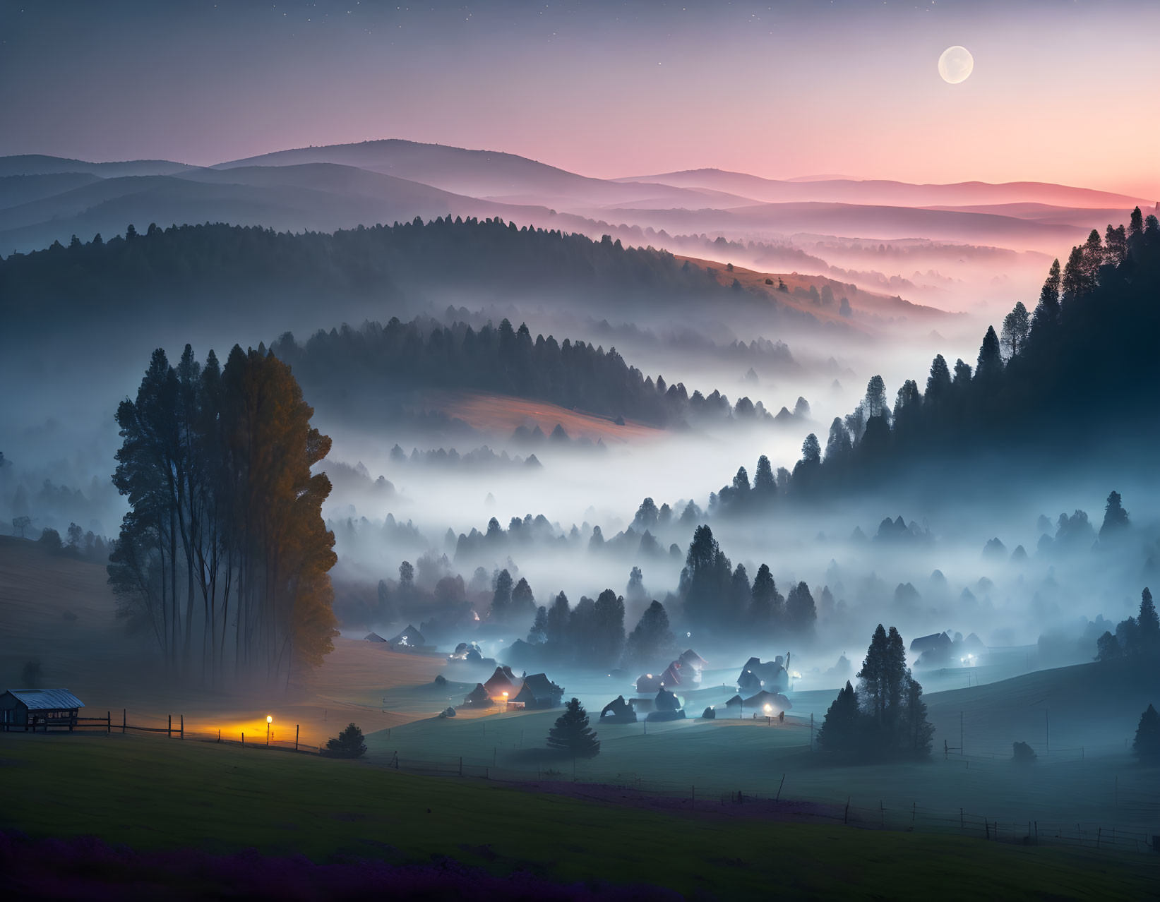 Scenic village in misty valley under moonlit sky