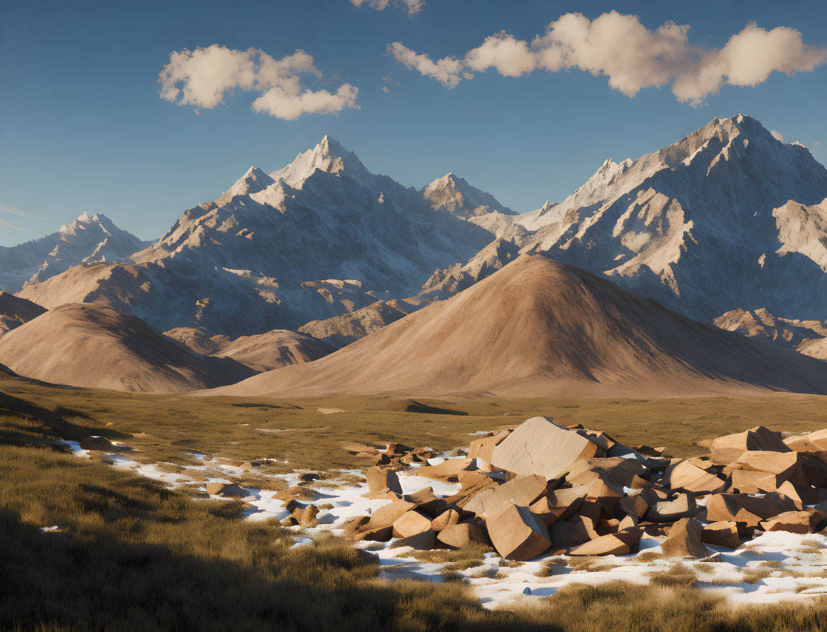 Majestic mountains loom over snowy valley and boulders