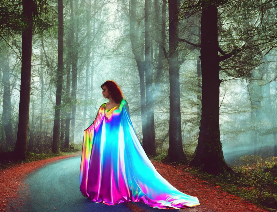 Woman in Vibrant Rainbow-Colored Dress on Misty Forest Path