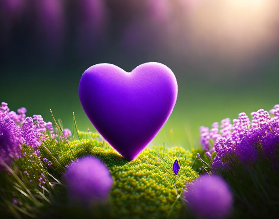 Vibrant purple heart over lush green landscape with delicate flowers