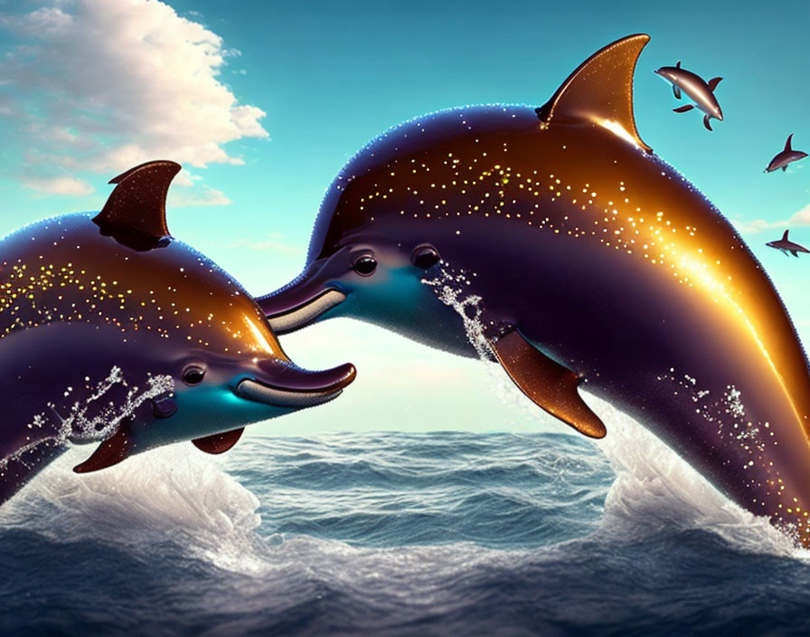 Illustrated dolphins with starry textures leaping from the ocean against a serene sky.