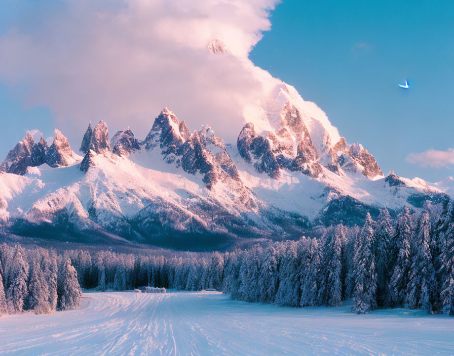 Snowy landscape with mountains, bird, and forest in serene winter scene