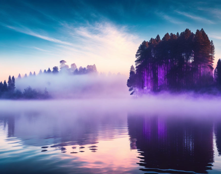 Tranquil dawn landscape with trees reflected in calm water