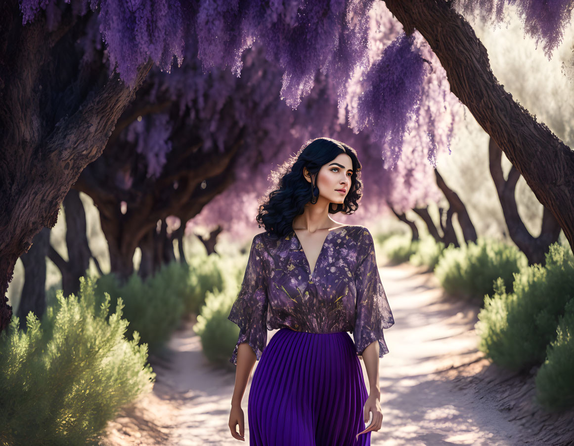 Woman in Purple Skirt Strolling in Wisteria Garden