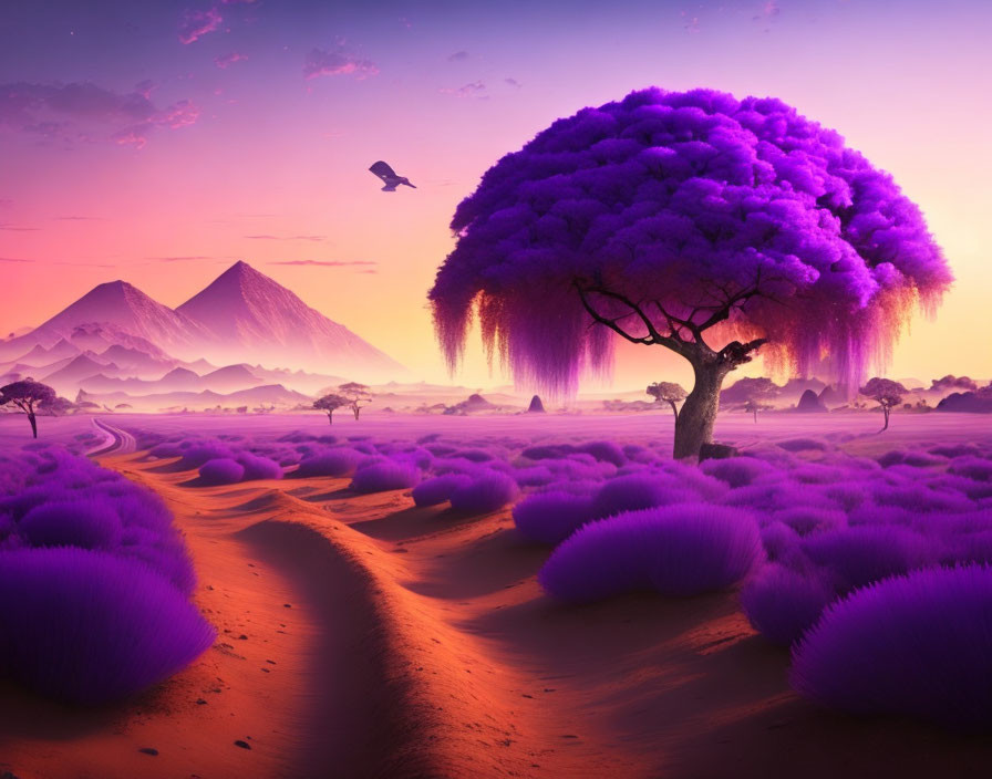 Surreal sunset landscape with large purple tree, mountains, and bird