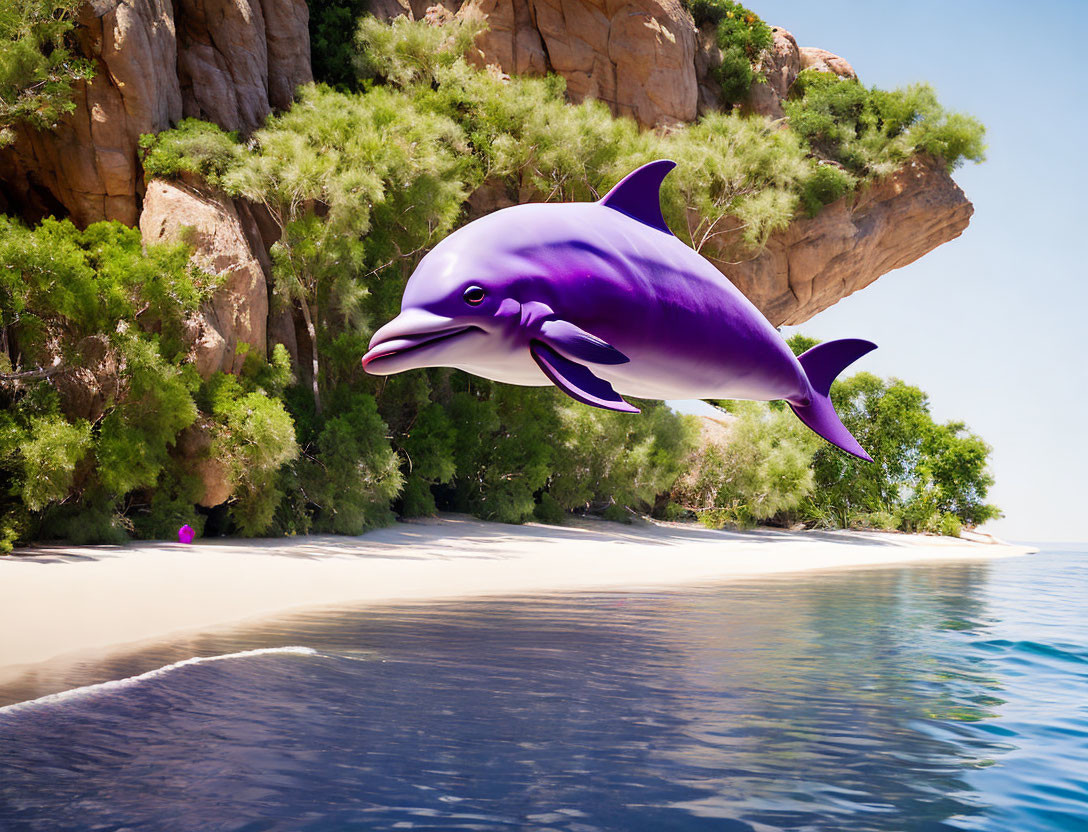 Purple dolphin flying over sandy beach with green foliage and cliffs