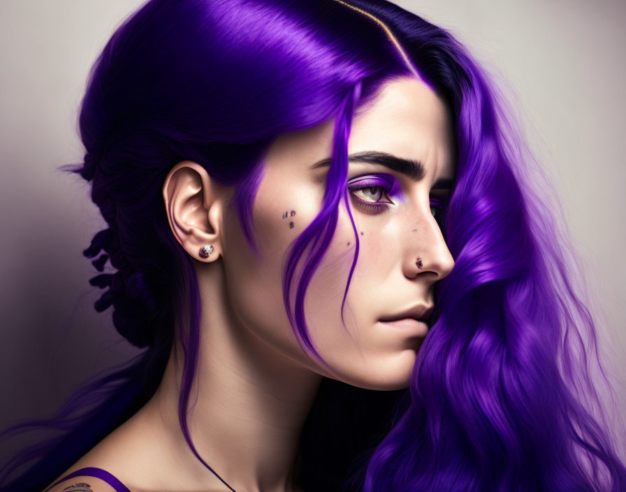 Portrait of a person with purple hair, nose and ear piercings, shoulder tattoo, and cheek