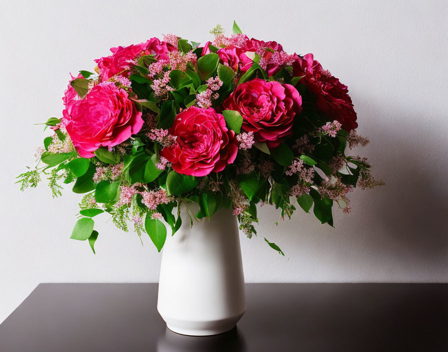 Pink Roses and Filler Flowers in White Vase on Dark Surface