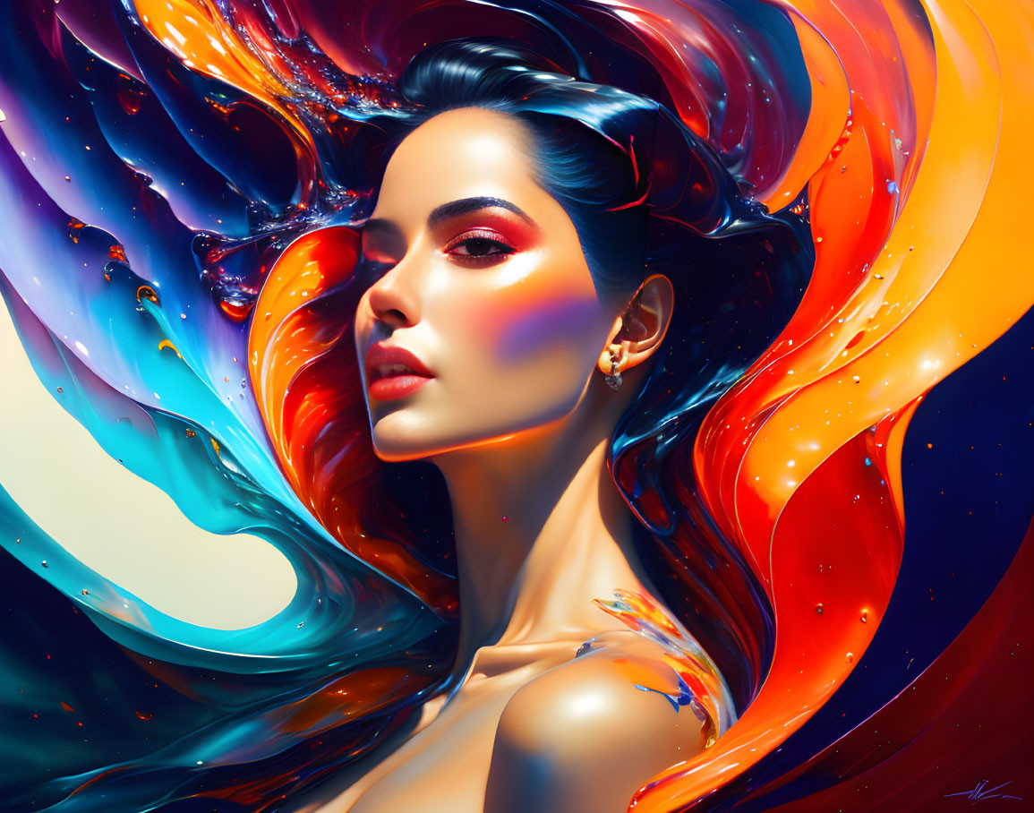 Colorful digital art portrait of a woman with flowing hair-like waves in red, blue, and yellow