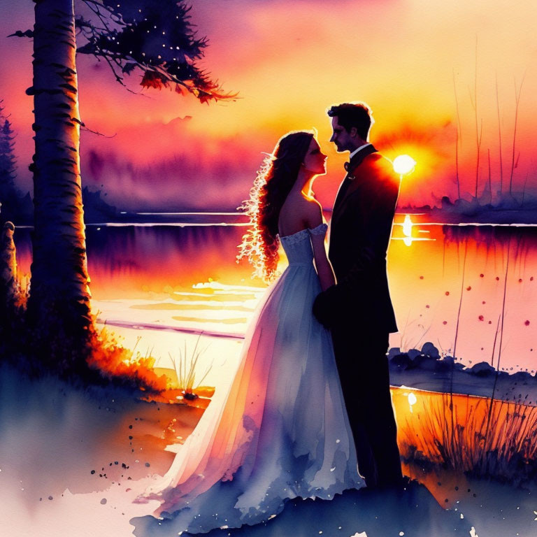 Wedding couple embraces by lake at sunset with vibrant watercolor hues