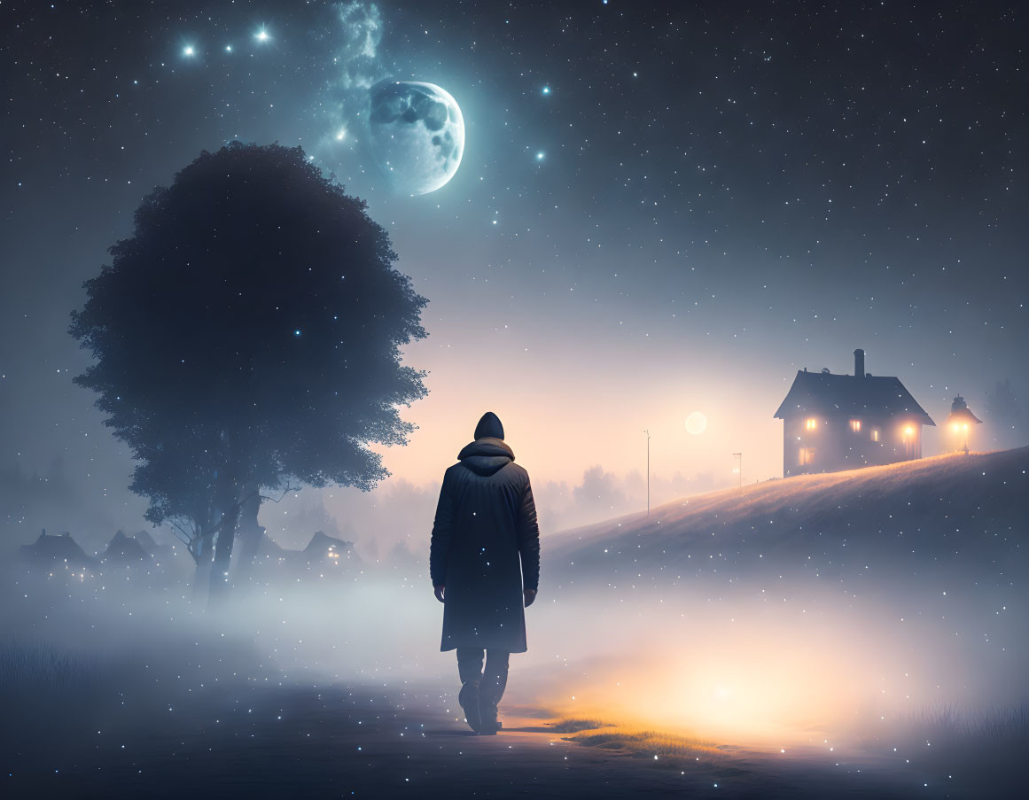 Person walking towards house on foggy night under starry sky with bright moon