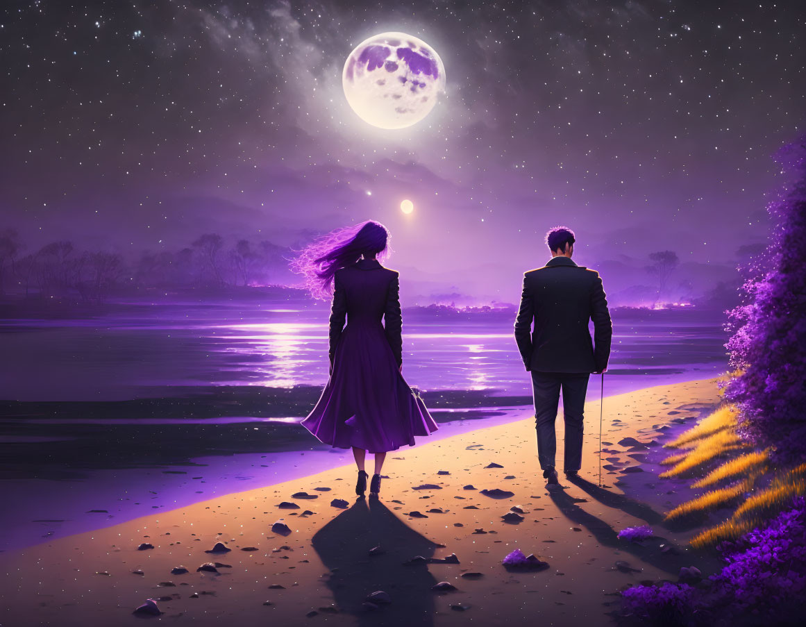 Man and woman on moonlit beach under purple night sky.