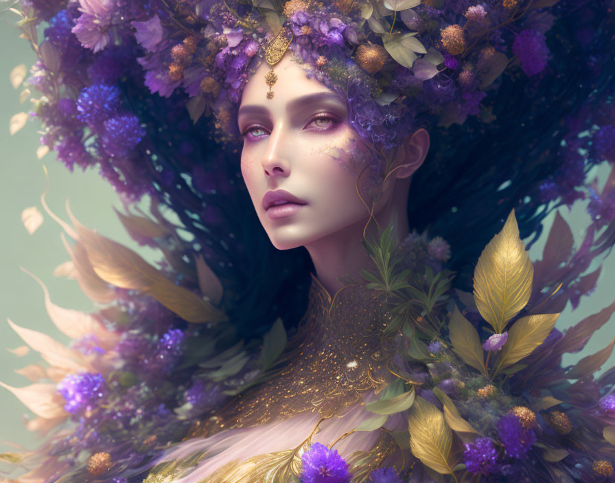 Mystical woman with floral headdress and golden accents