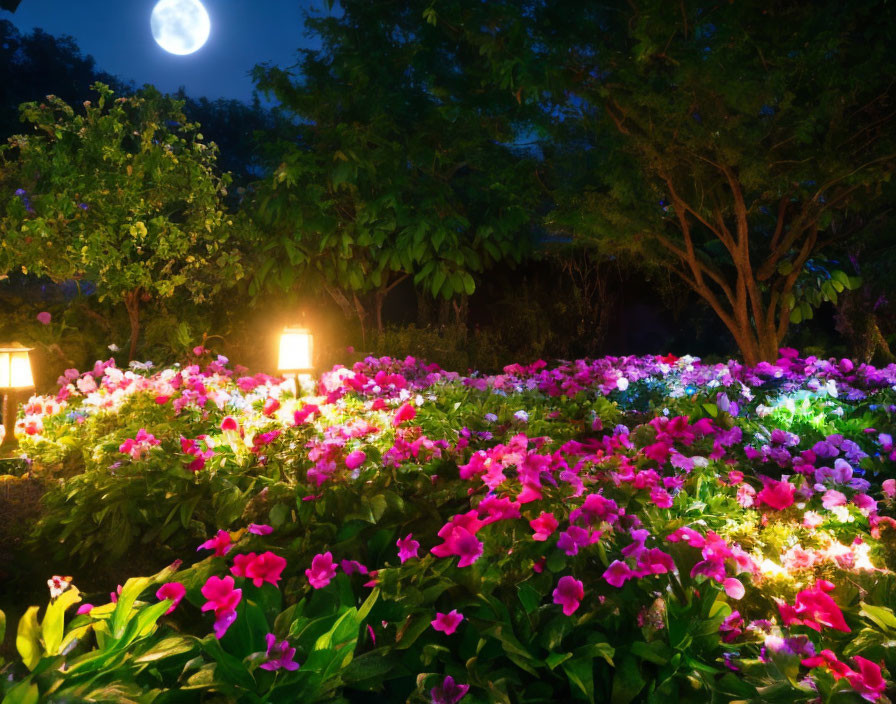 Moonlit garden with colorful flowers under warm light.