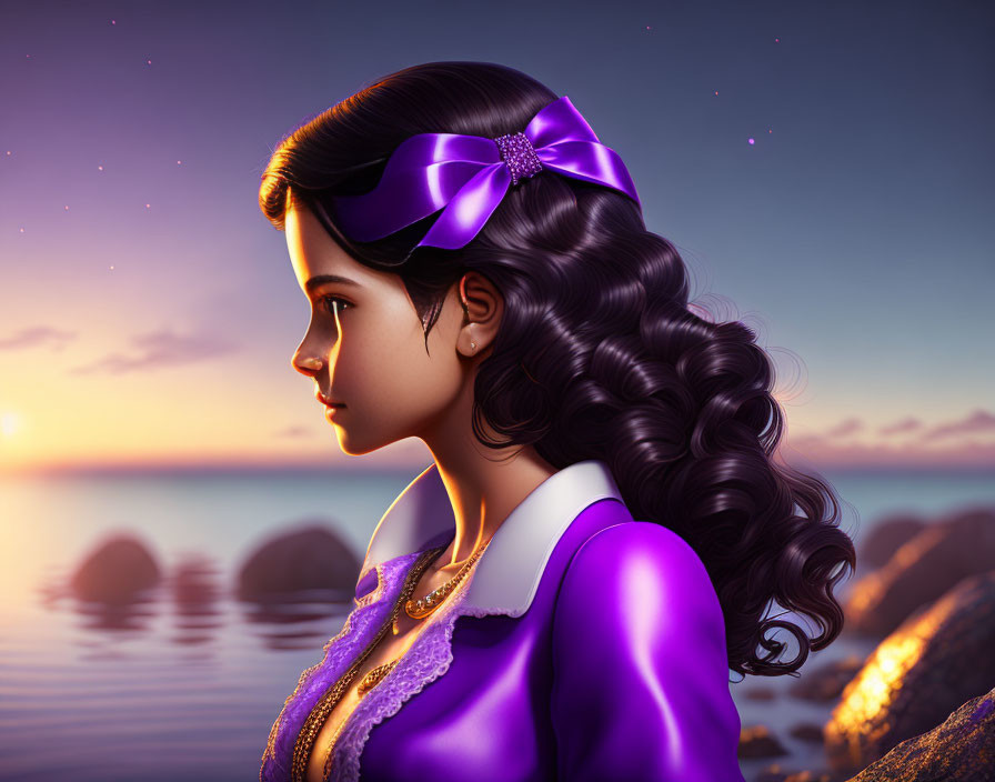 Digital artwork of woman with wavy hair in purple outfit gazing at sunset over water