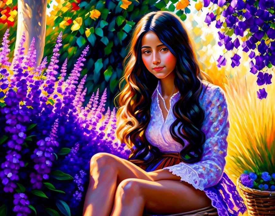 Woman sitting among purple and yellow flowers in sunlight.