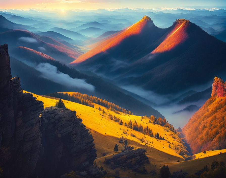 Scenic landscape: rolling hills, rocky cliffs, misty valleys, layered mountains at sunrise