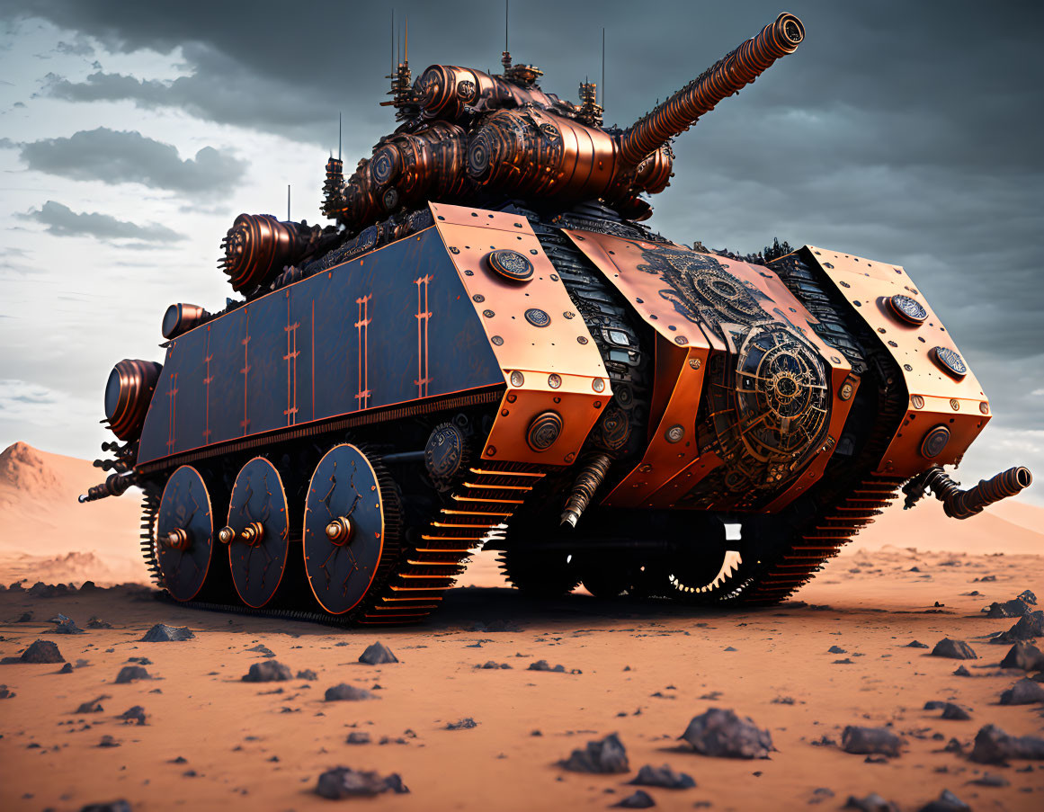 Steampunk-style tank with gears and pipes in desert landscape