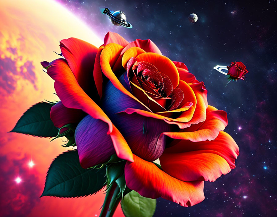 Multicolored rose with cosmic backdrop featuring sun, planets, and spaceships