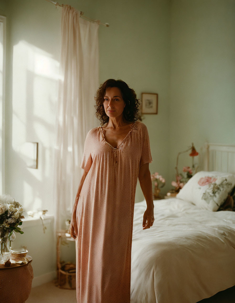 Woman in Pink Dress in Serene Bedroom with White Bedding