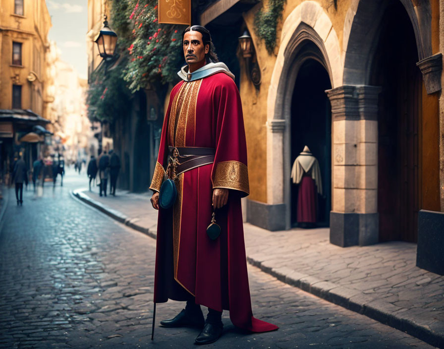 Medieval-style robe person with sword on cobblestone street
