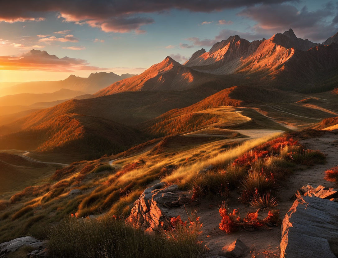 Scenic mountain landscape with winding path at sunset