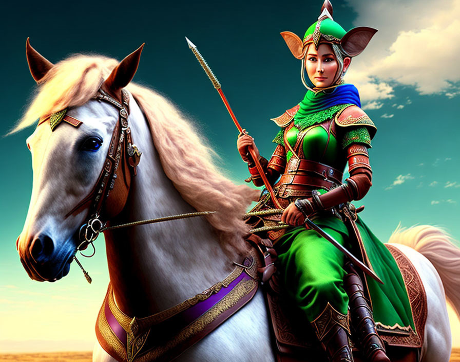 Female warrior in green medieval armor on white horse with spear and elf-like helm