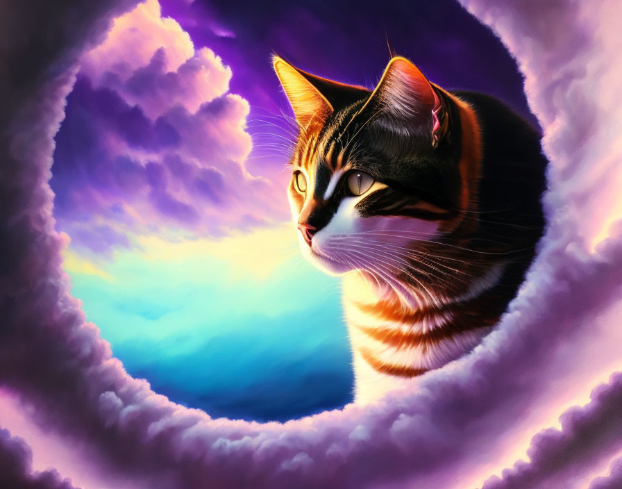 Cat with unique fur patterns gazes through surreal portal with vibrant sunset backdrop