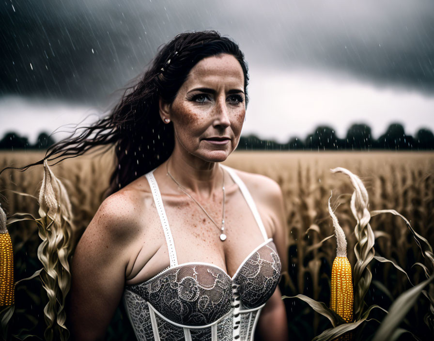 Woman standing in cornfield during storm with wind-swept hair.