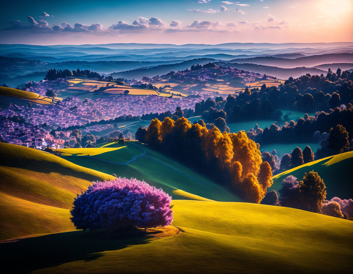 Vibrant green grass on rolling hills under dramatic sunset sky