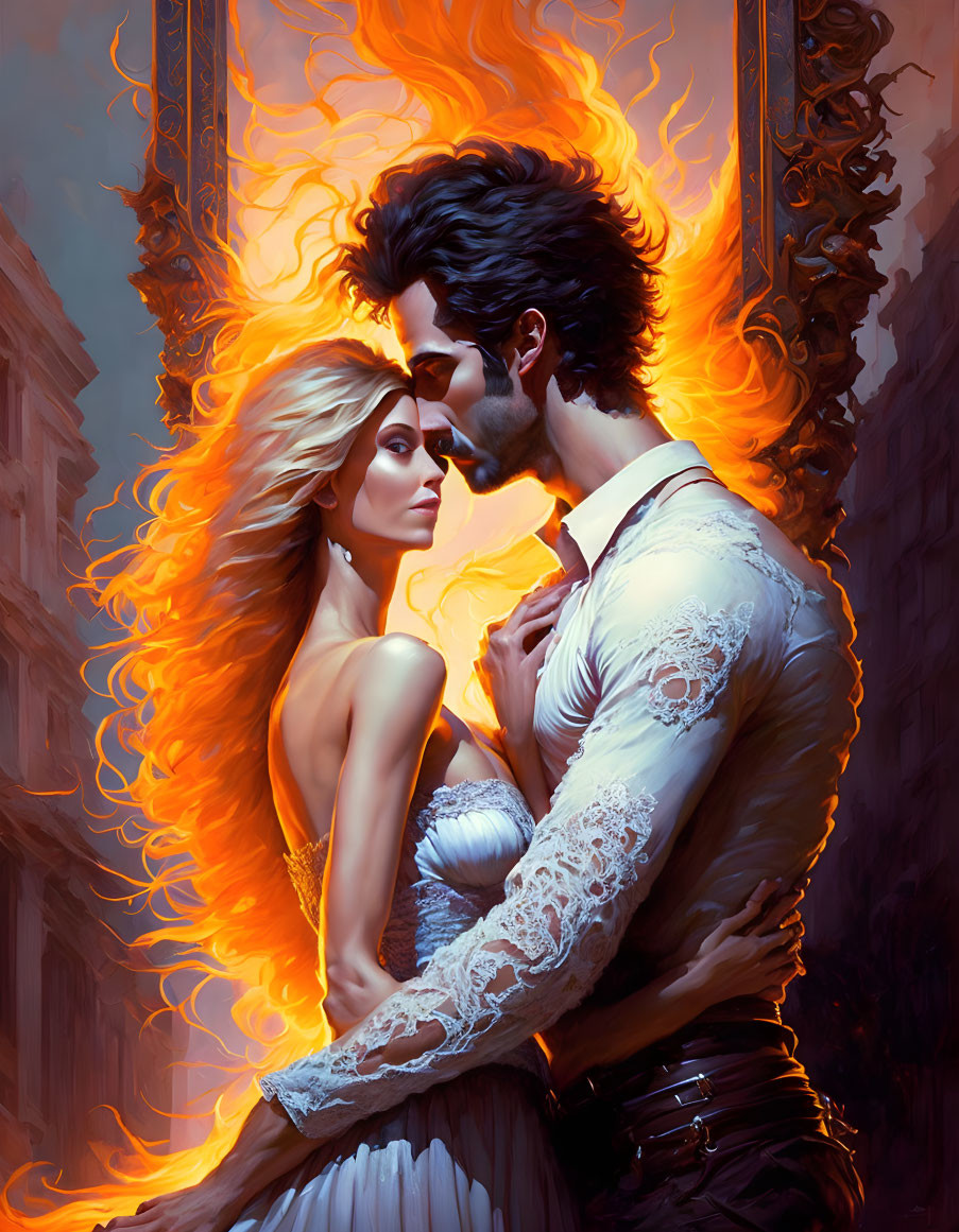 Illustration of romantic couple embracing with fiery orange hair against blue cityscape