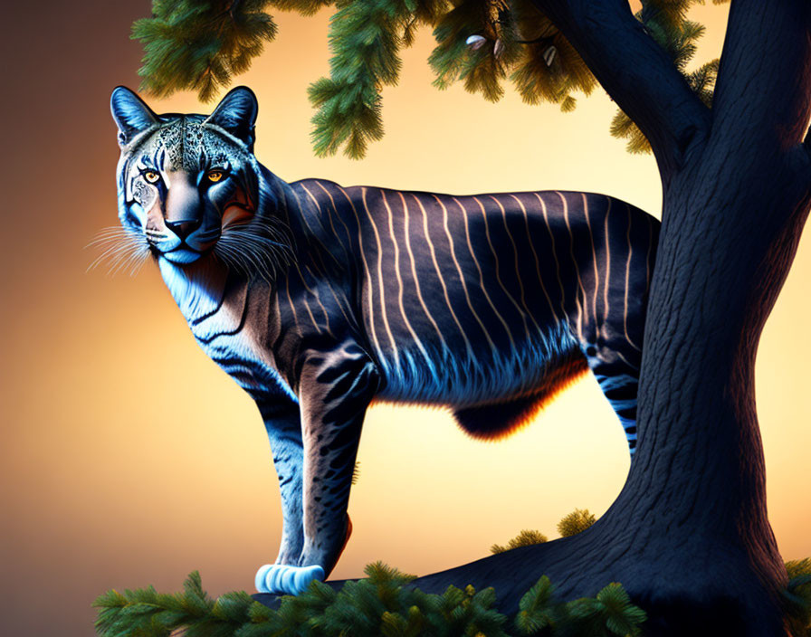 Detailed Tiger Illustration Perched on Tree Branch