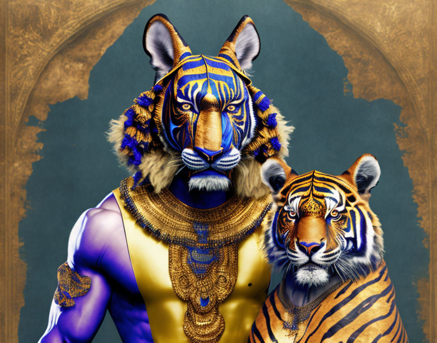 Surreal artwork: person with tiger head in regal attire beside real tiger on blue backdrop