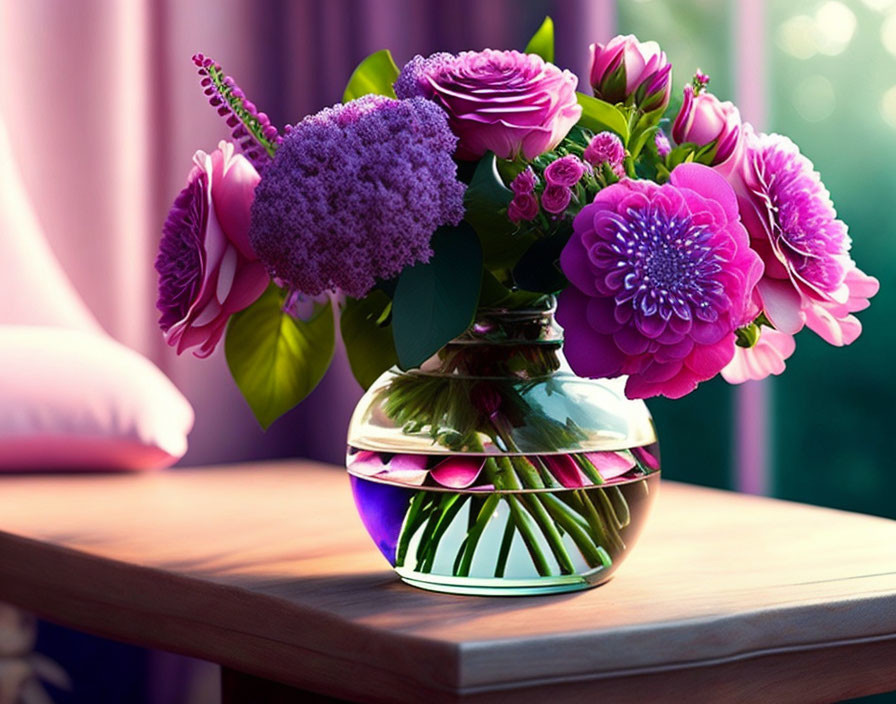 Colorful purple and pink flower bouquet in green vase on wooden table with blurred curtain backdrop