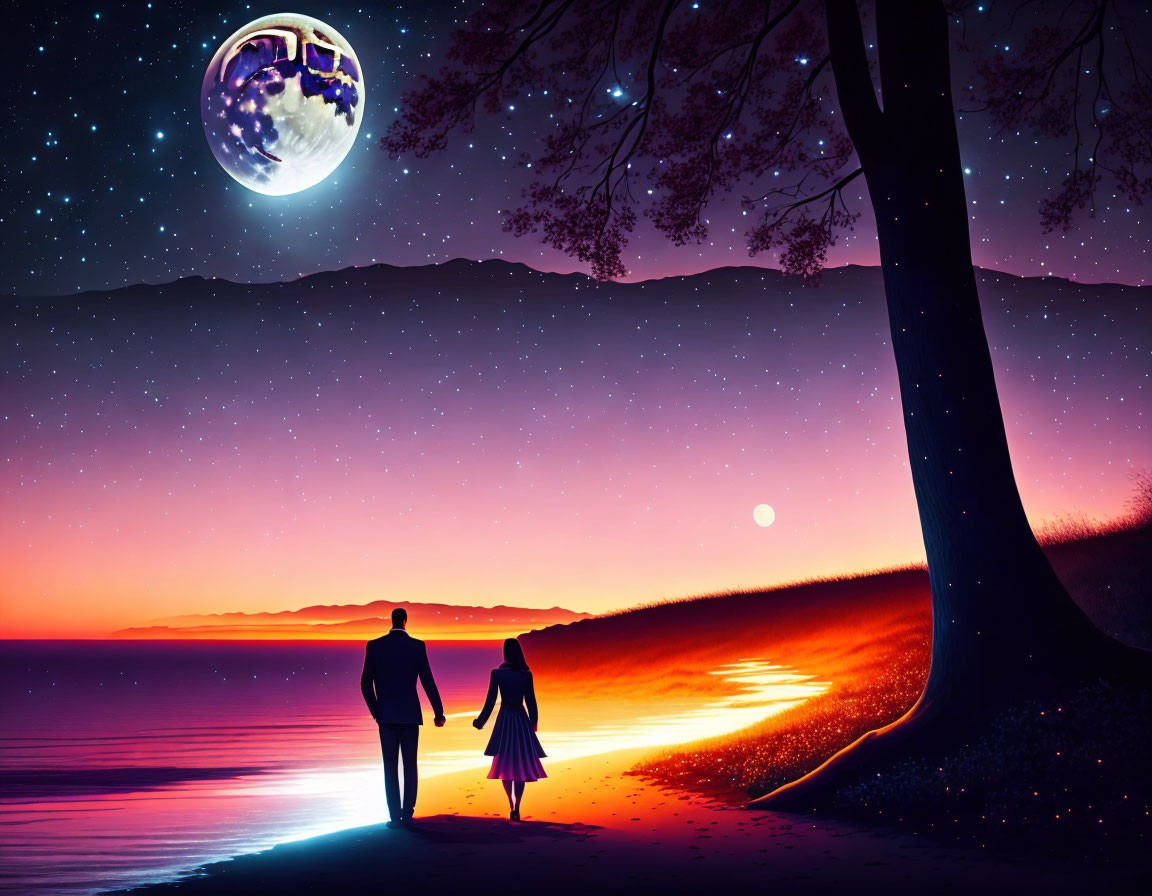 Romantic couple holding hands on beach under starry sky with moon and tree