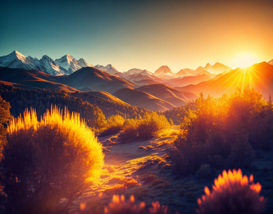 Majestic sunrise over mountain range with sunrays and silhouetted trees